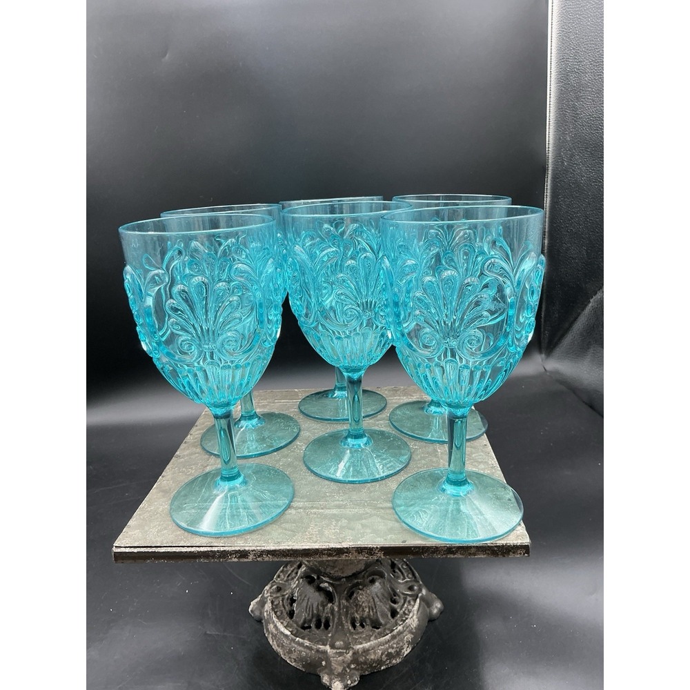 Set of 6 Le Cadeaux Outdoor Plastic Goblets Wine Glasses Fleur Teal Turquoise - Picture 5 of 9